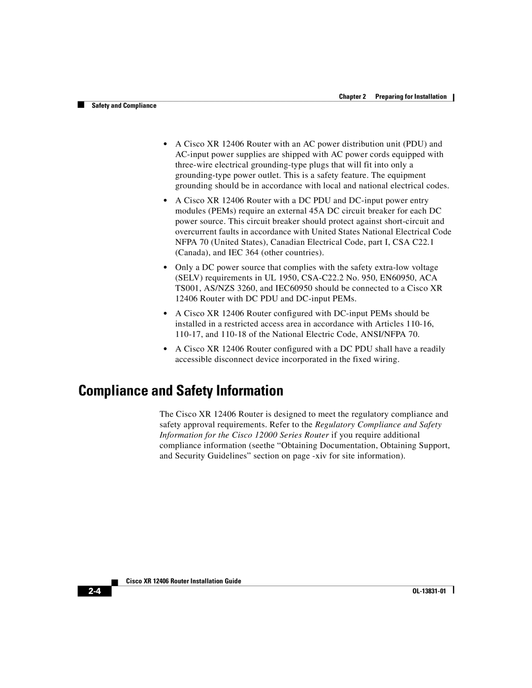 Cisco Systems XR 12406 manual Compliance and Safety Information 