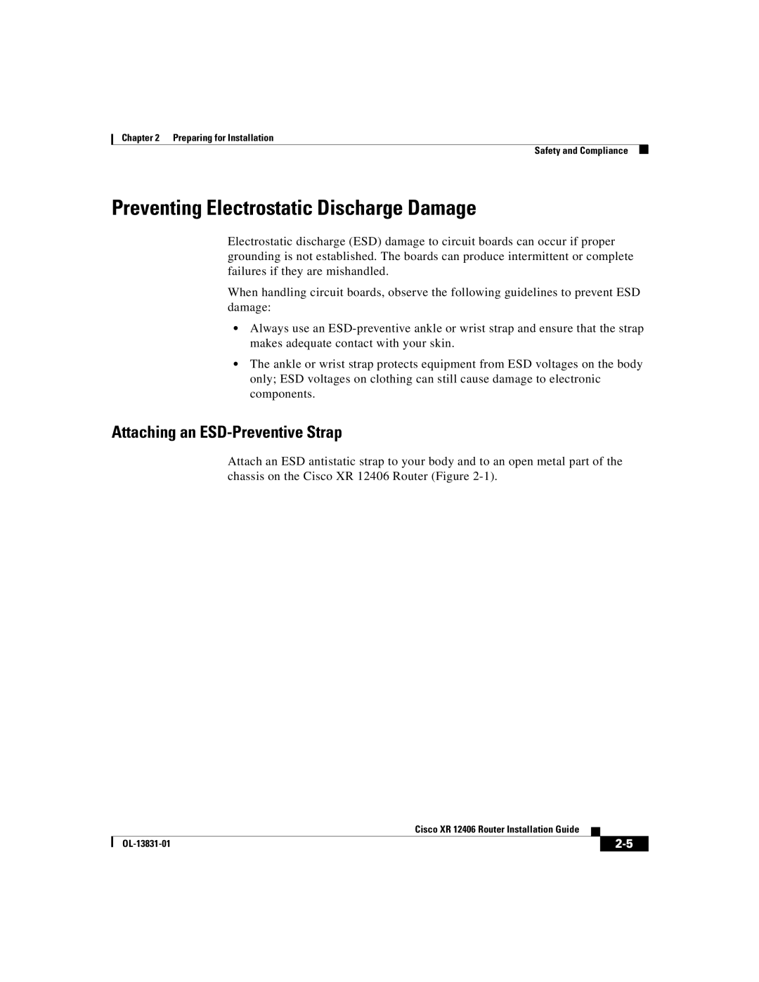 Cisco Systems XR 12406 manual Preventing Electrostatic Discharge Damage, Attaching an ESD-Preventive Strap 