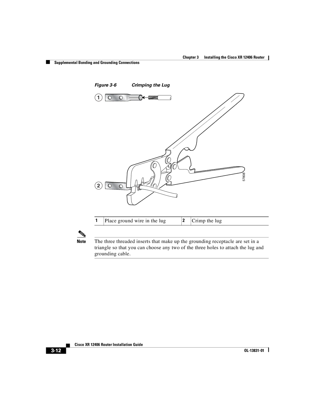 Cisco Systems XR 12406 manual Place ground wire in the lug Crimp the lug 