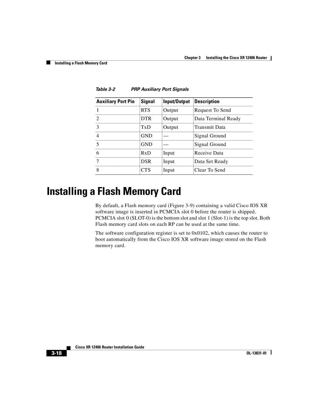 Cisco Systems XR 12406 manual Installing a Flash Memory Card, Signal Input/Output Description, Rts, Cts 