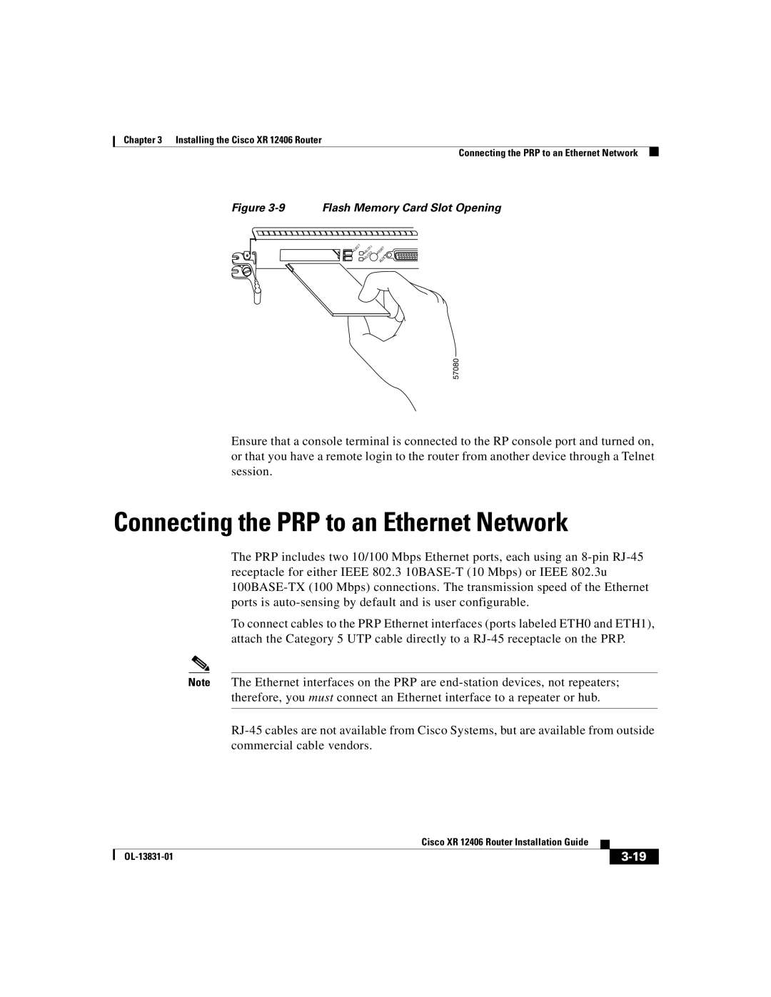 Cisco Systems XR 12406 manual Connecting the PRP to an Ethernet Network, Flash Memory Card Slot Opening 