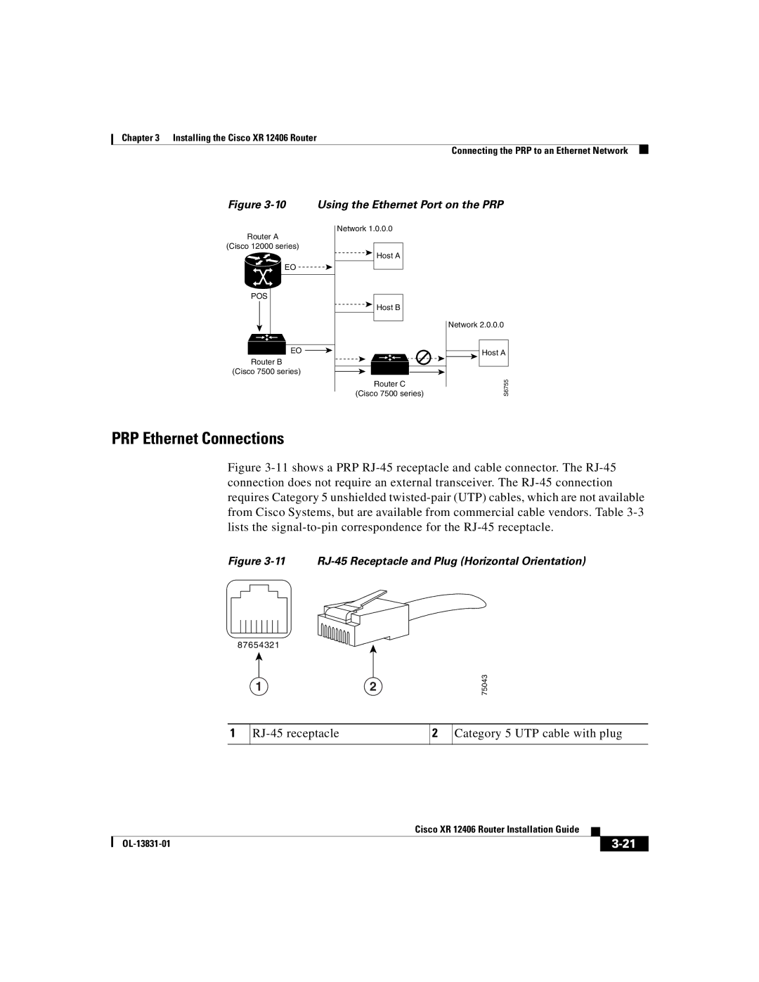 Cisco Systems XR 12406 manual PRP Ethernet Connections, RJ-45 receptacle Category 5 UTP cable with plug 