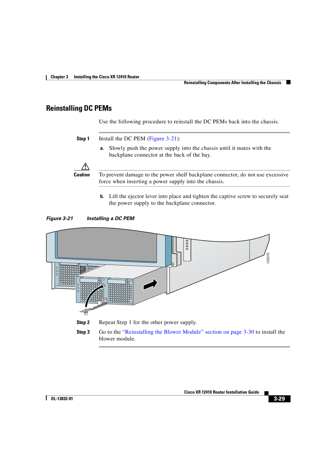 Cisco Systems XR 12410 manual Reinstalling DC PEMs, Installing a DC PEM 