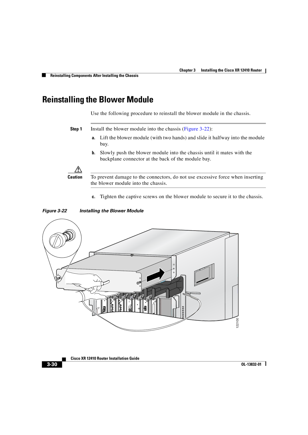 Cisco Systems XR 12410 manual Reinstalling the Blower Module, Installing the Blower Module 