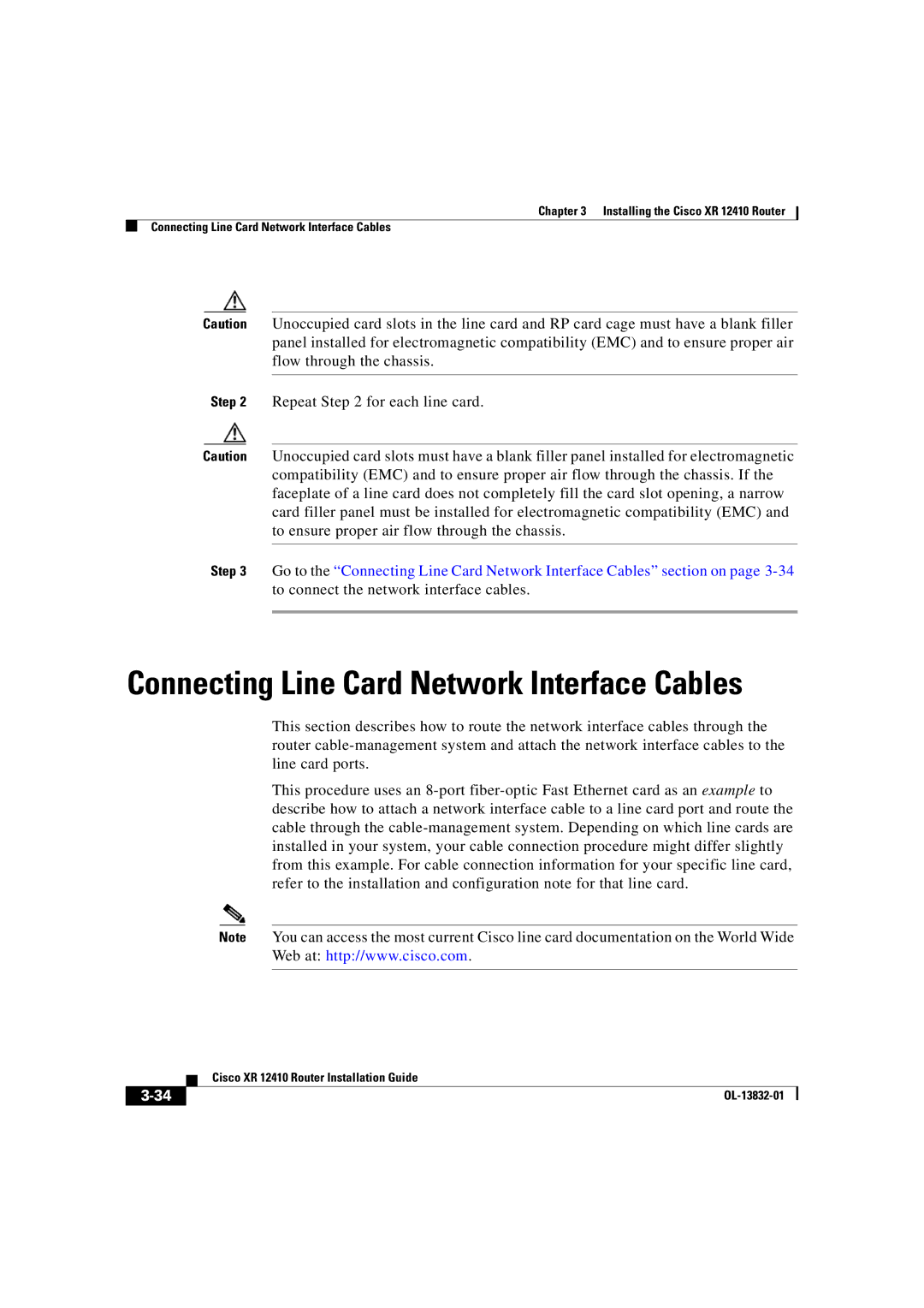 Cisco Systems XR 12410 manual Connecting Line Card Network Interface Cables 