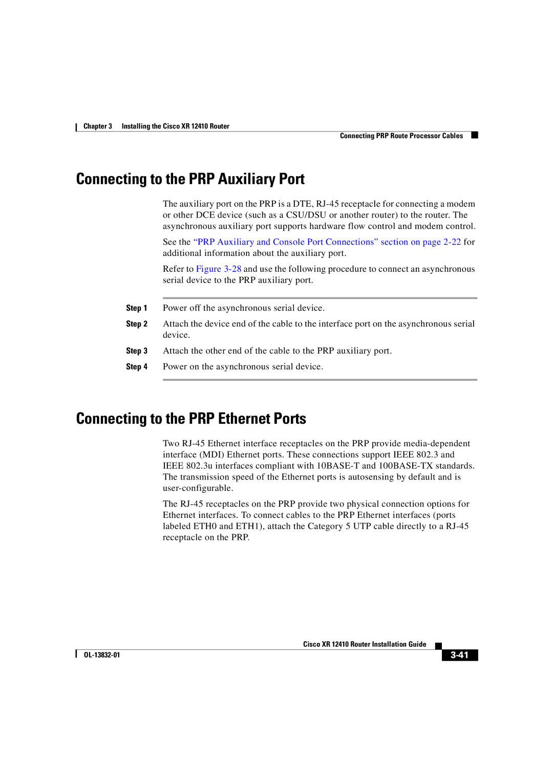 Cisco Systems XR 12410 manual Connecting to the PRP Auxiliary Port, Connecting to the PRP Ethernet Ports 