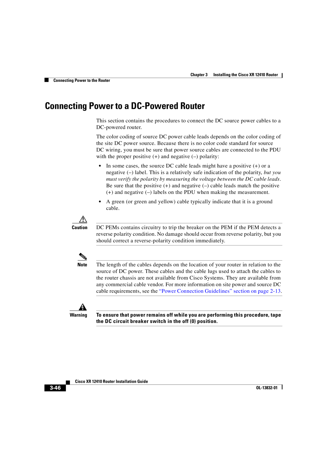 Cisco Systems XR 12410 manual Connecting Power to a DC-Powered Router 