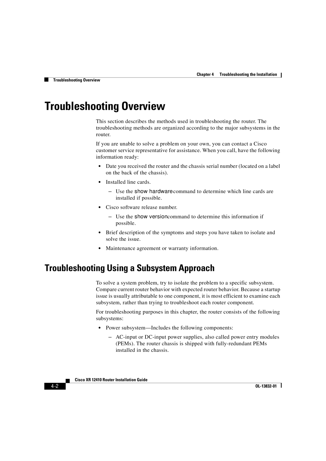 Cisco Systems XR 12410 manual Troubleshooting Overview, Troubleshooting Using a Subsystem Approach 