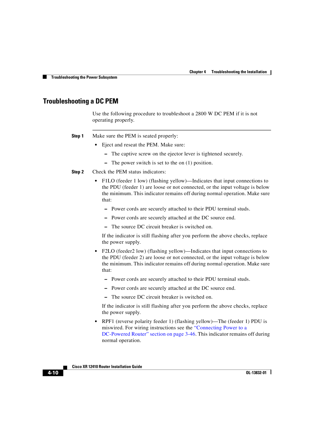 Cisco Systems XR 12410 manual Troubleshooting a DC PEM 