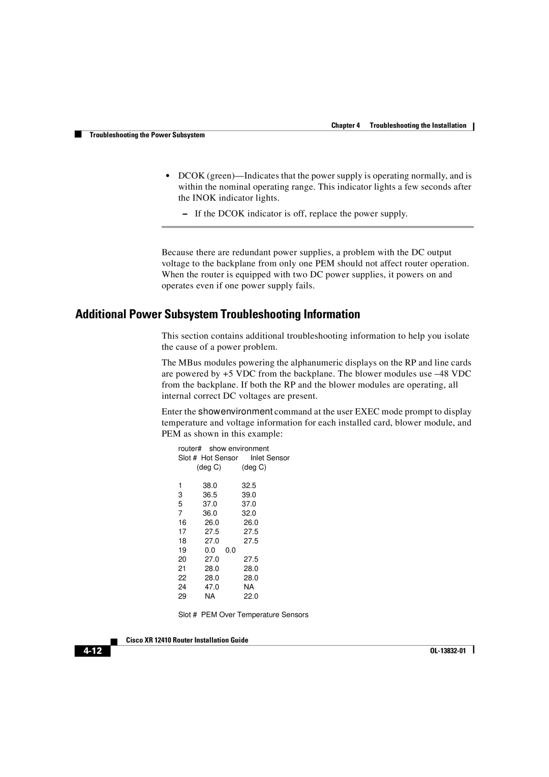 Cisco Systems XR 12410 manual Additional Power Subsystem Troubleshooting Information, Router#show environment 