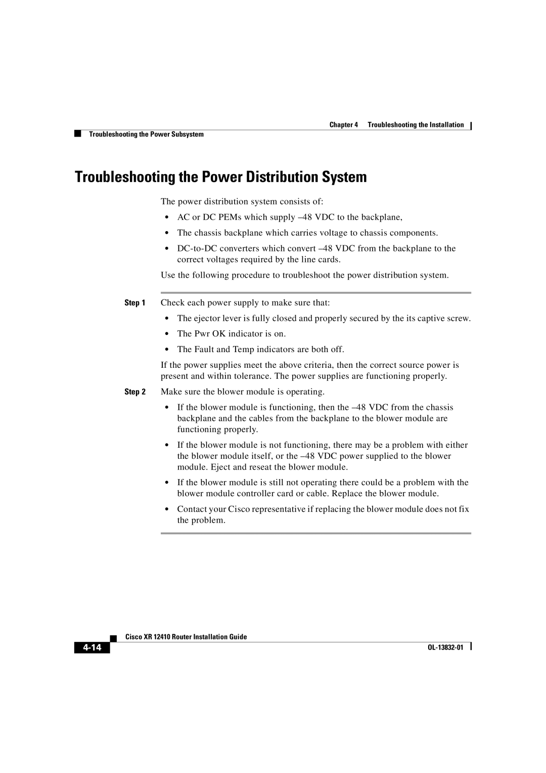 Cisco Systems XR 12410 manual Troubleshooting the Power Distribution System 