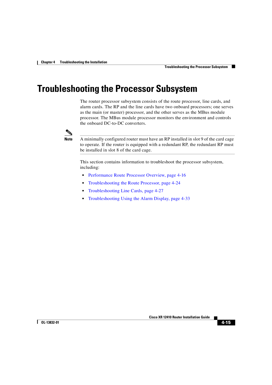 Cisco Systems XR 12410 manual Troubleshooting the Processor Subsystem 