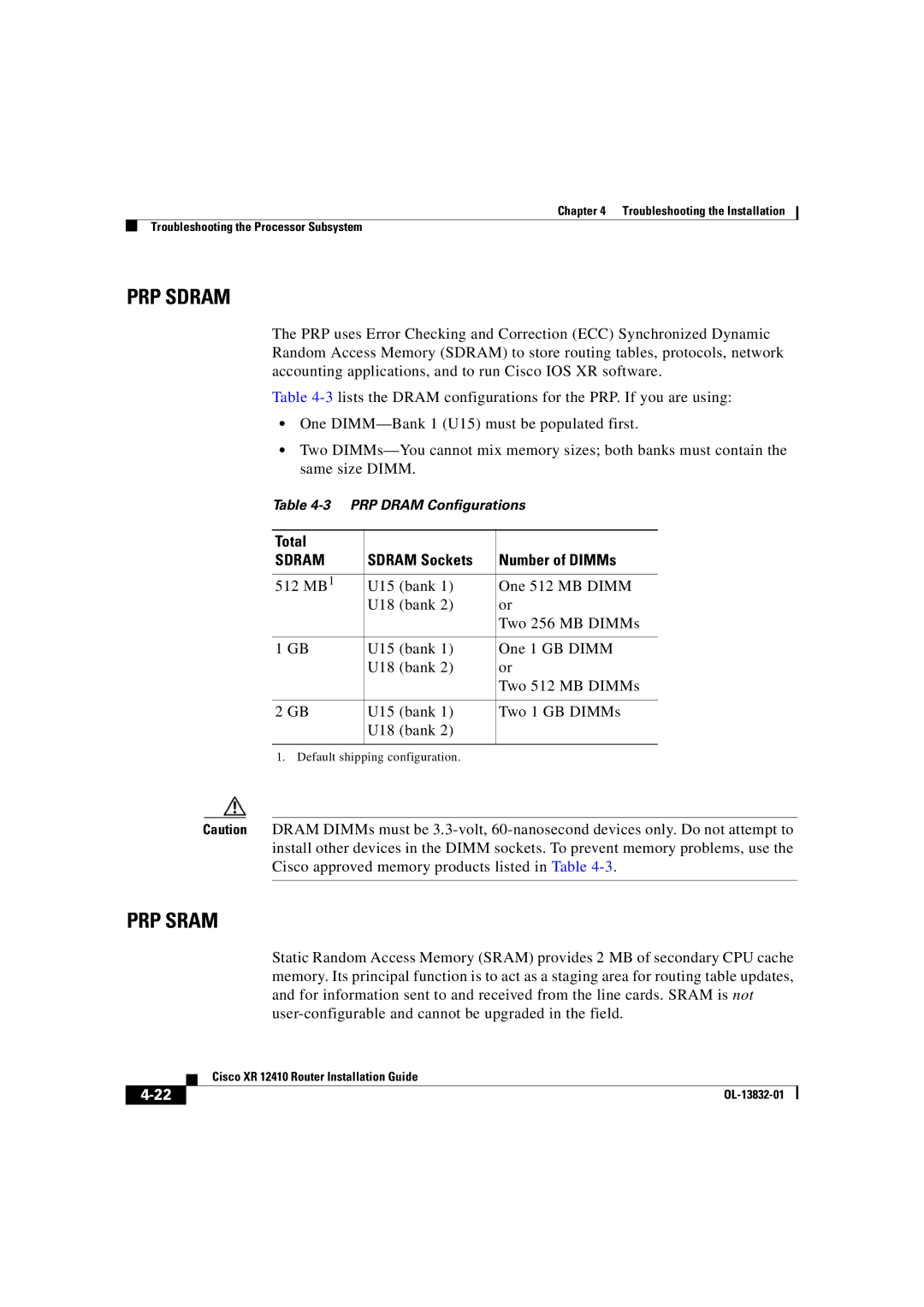 Cisco Systems XR 12410 manual PRP Sdram 