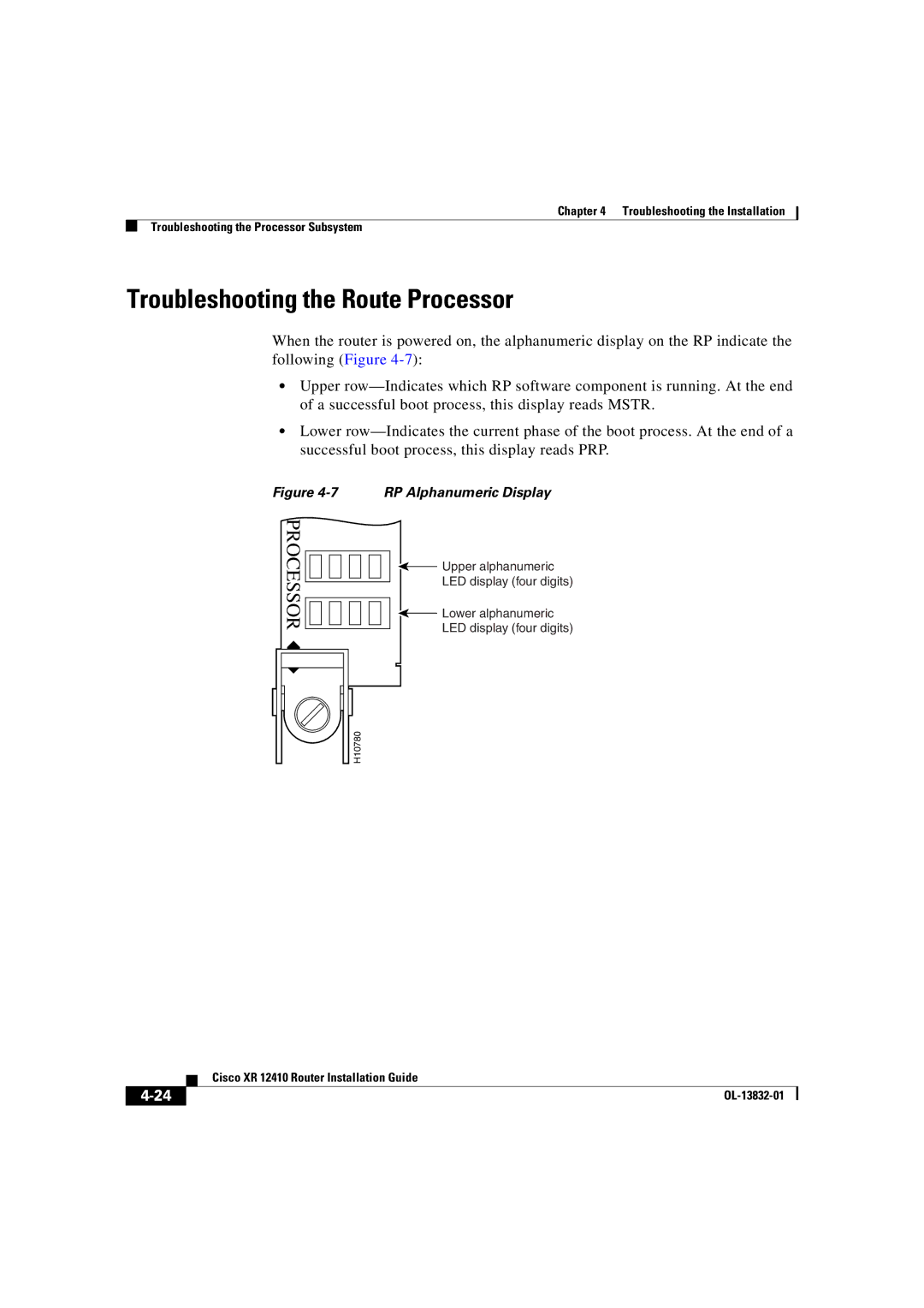 Cisco Systems XR 12410 manual Troubleshooting the Route Processor, RP Alphanumeric Display 