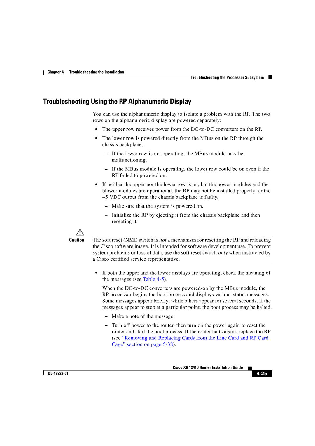 Cisco Systems XR 12410 manual Troubleshooting Using the RP Alphanumeric Display 