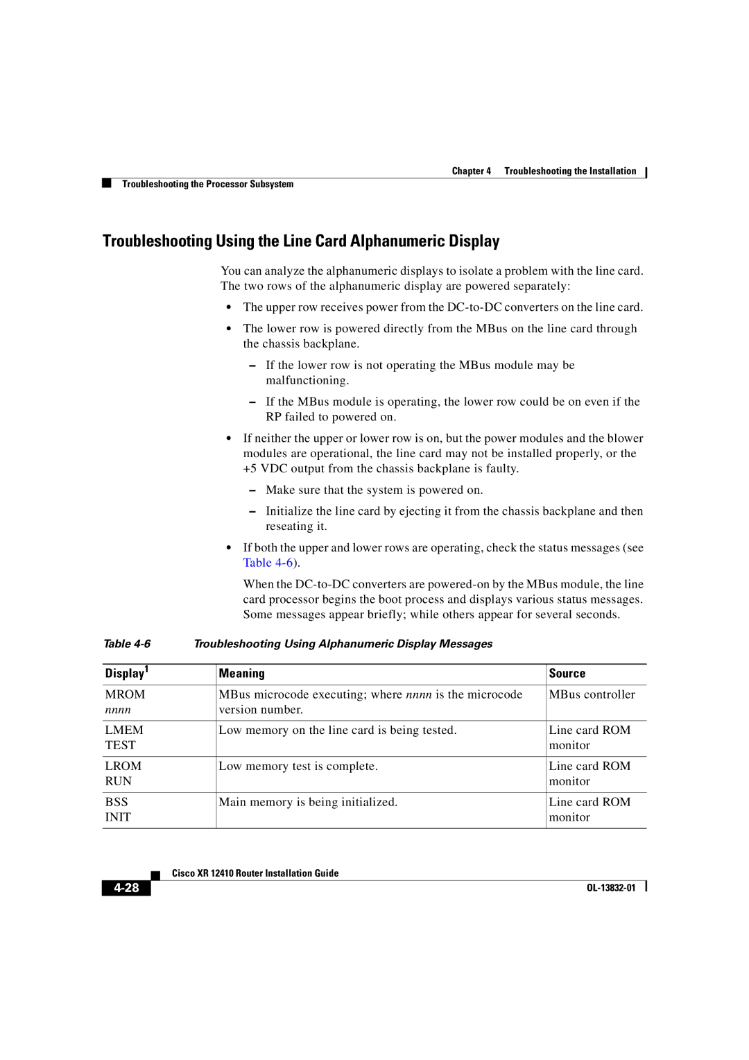 Cisco Systems XR 12410 manual Troubleshooting Using the Line Card Alphanumeric Display, Meaning Source 