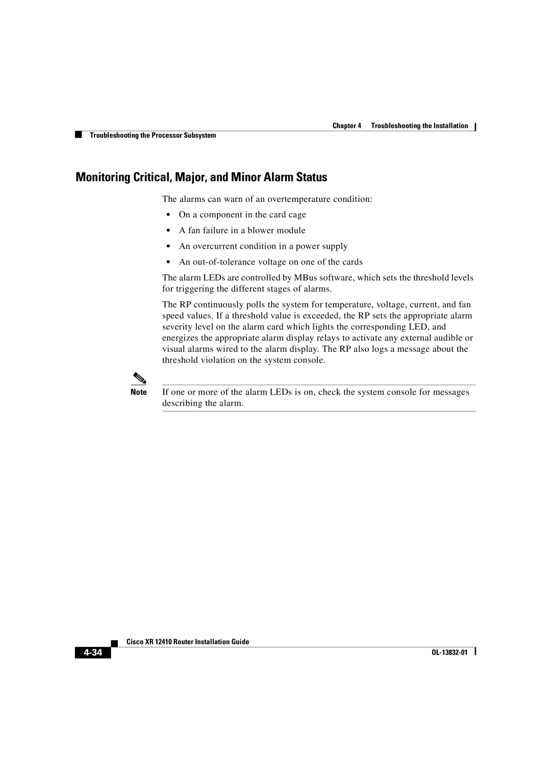 Cisco Systems XR 12410 manual Monitoring Critical, Major, and Minor Alarm Status 