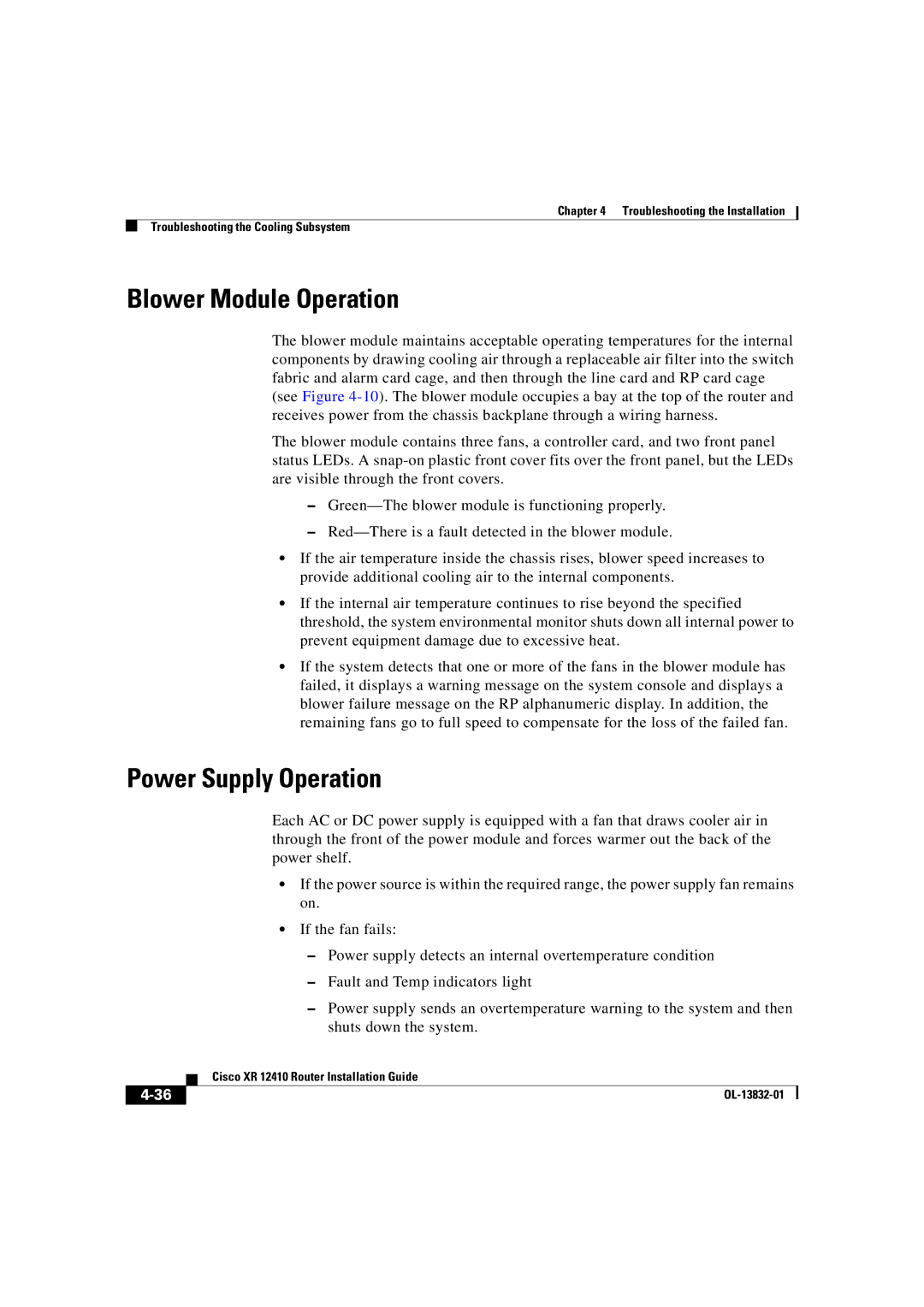 Cisco Systems XR 12410 manual Blower Module Operation, Power Supply Operation 