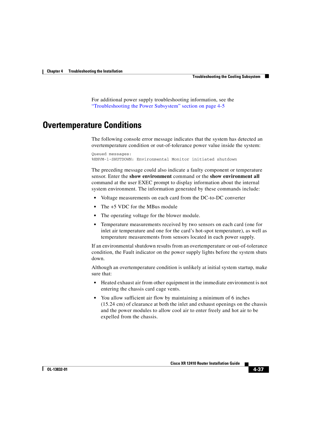 Cisco Systems XR 12410 manual Overtemperature Conditions 