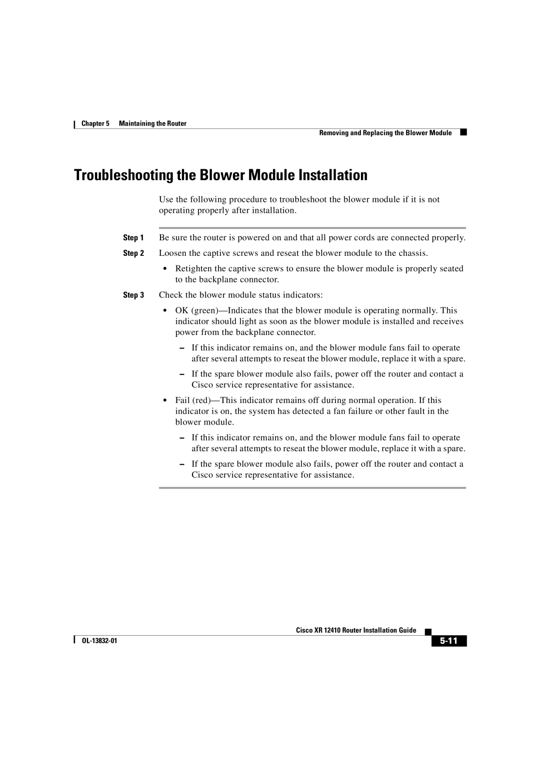 Cisco Systems XR 12410 manual Troubleshooting the Blower Module Installation 