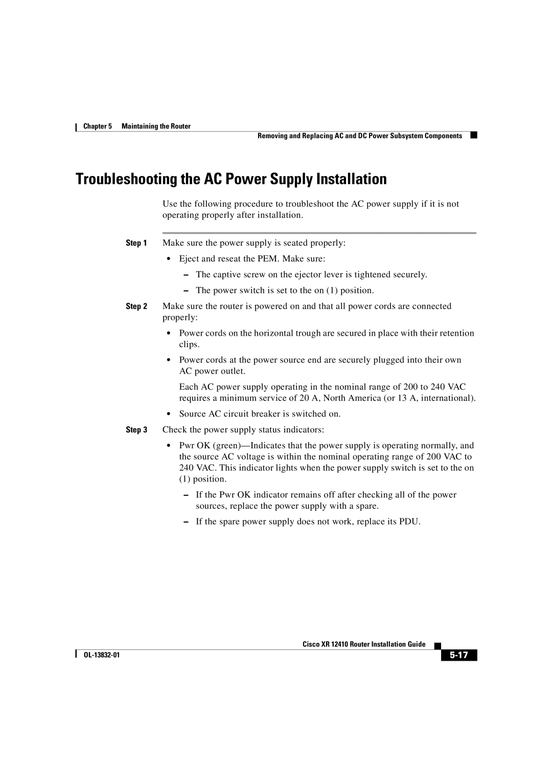 Cisco Systems XR 12410 manual Troubleshooting the AC Power Supply Installation 