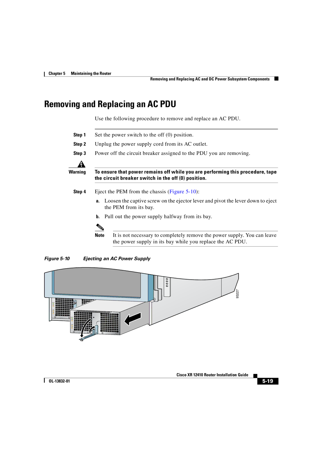 Cisco Systems XR 12410 manual Removing and Replacing an AC PDU, Ejecting an AC Power Supply 