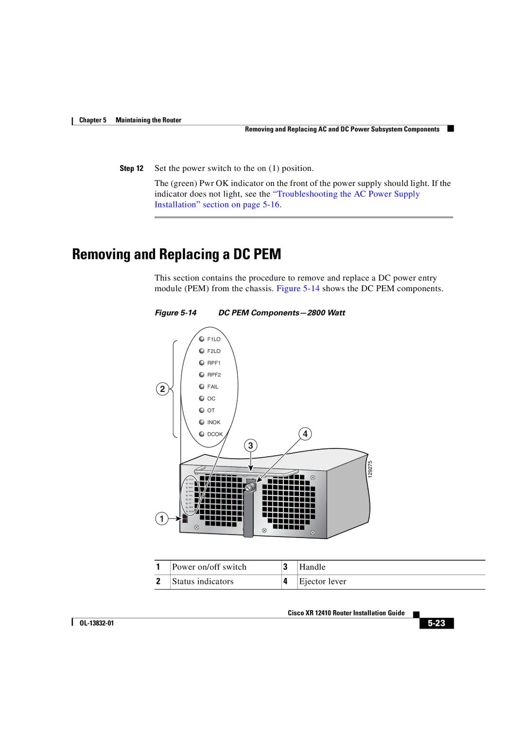 Cisco Systems XR 12410 manual Removing and Replacing a DC PEM, DC PEM Components-2800 Watt 