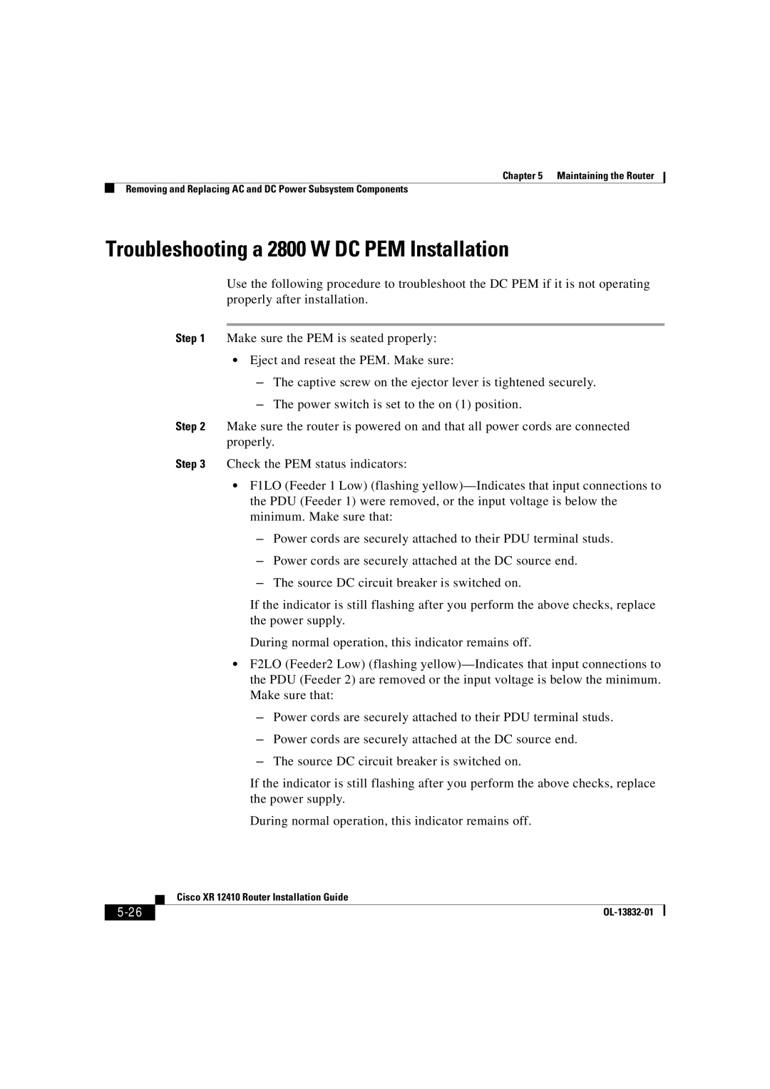 Cisco Systems XR 12410 manual Troubleshooting a 2800 W DC PEM Installation 