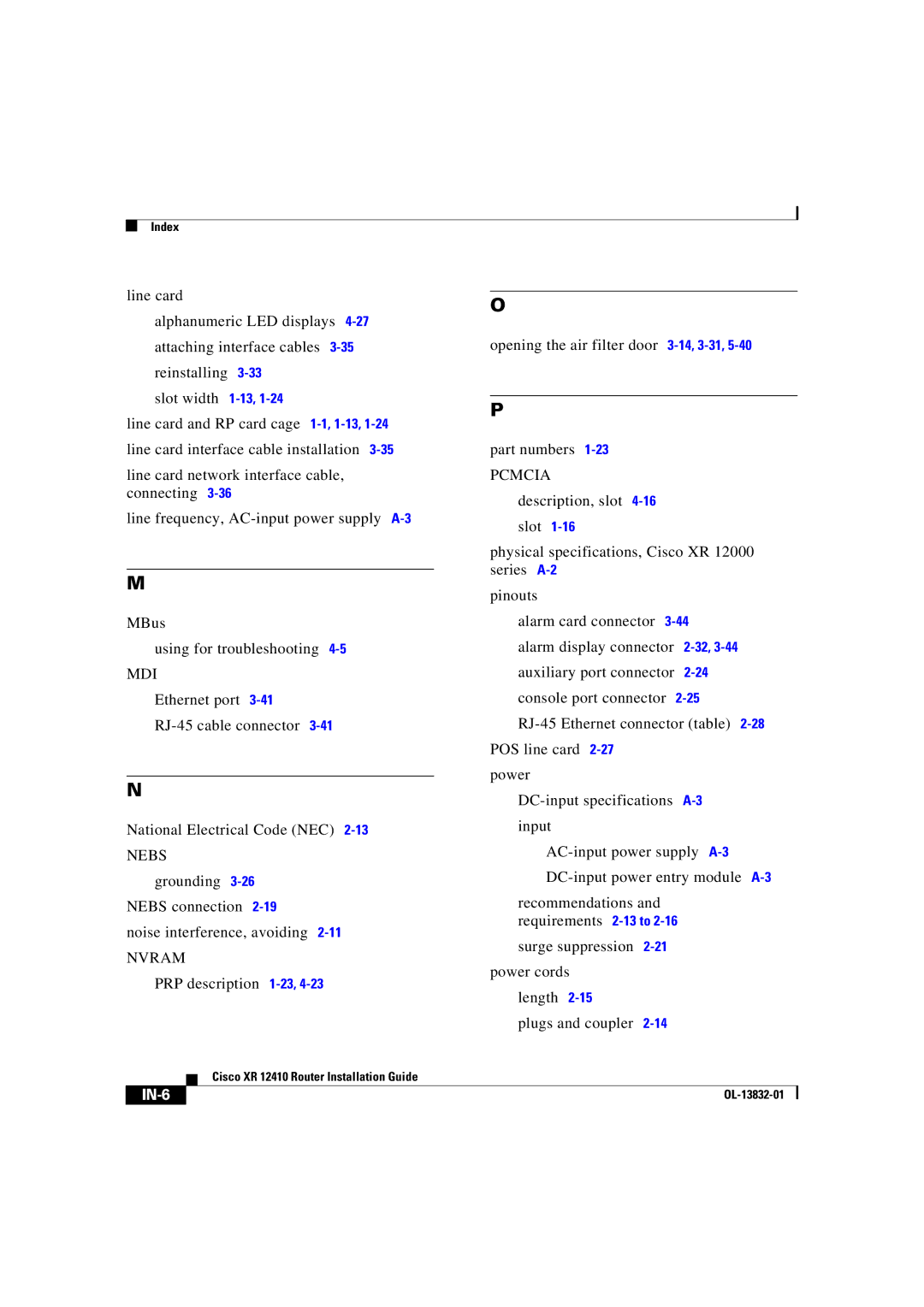 Cisco Systems XR 12410 manual IN-6 