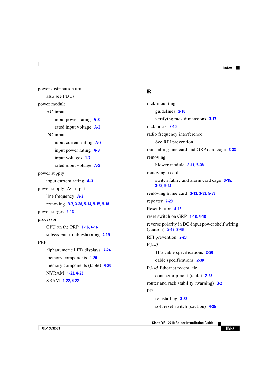 Cisco Systems XR 12410 manual IN-7 