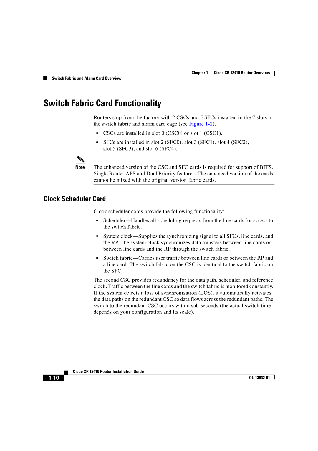 Cisco Systems XR 12410 manual Switch Fabric Card Functionality, Clock Scheduler Card 