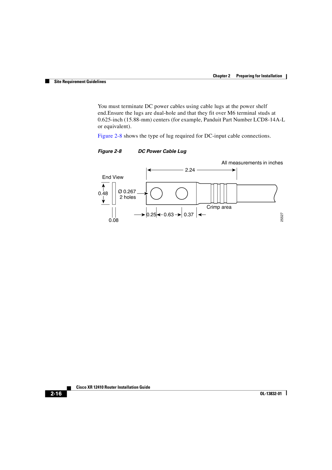 Cisco Systems XR 12410 manual DC Power Cable Lug 