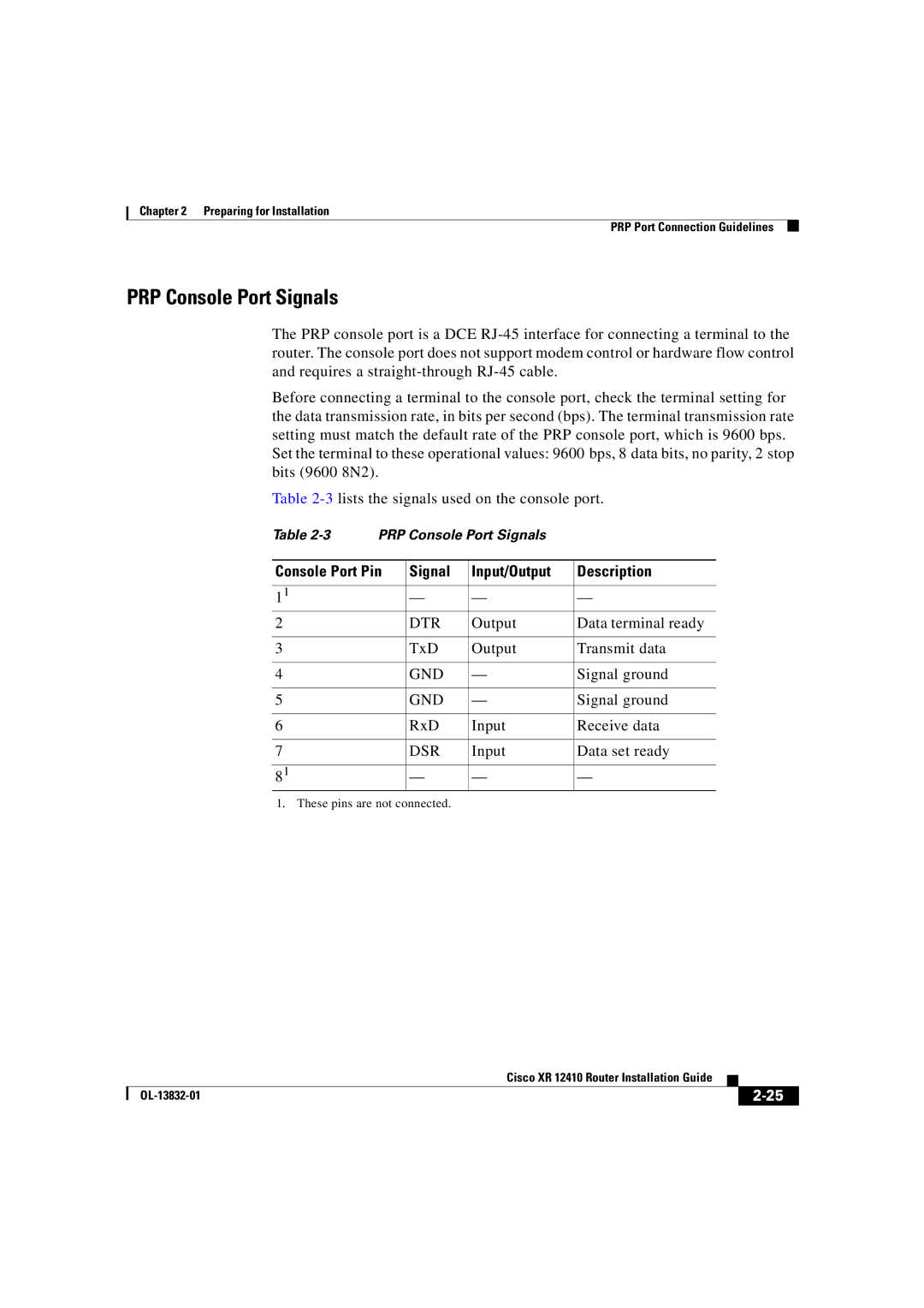 Cisco Systems XR 12410 manual PRP Console Port Signals, Console Port Pin Signal Input/Output Description 