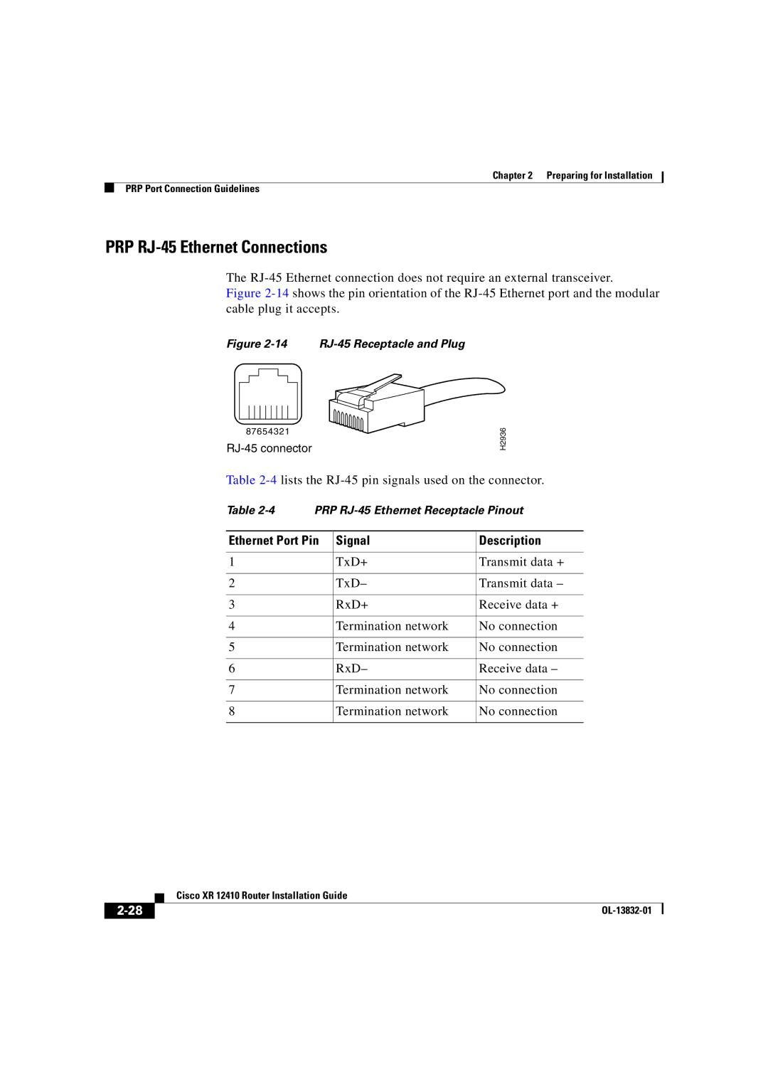 Cisco Systems XR 12410 manual PRP RJ-45 Ethernet Connections, Ethernet Port Pin Signal Description 