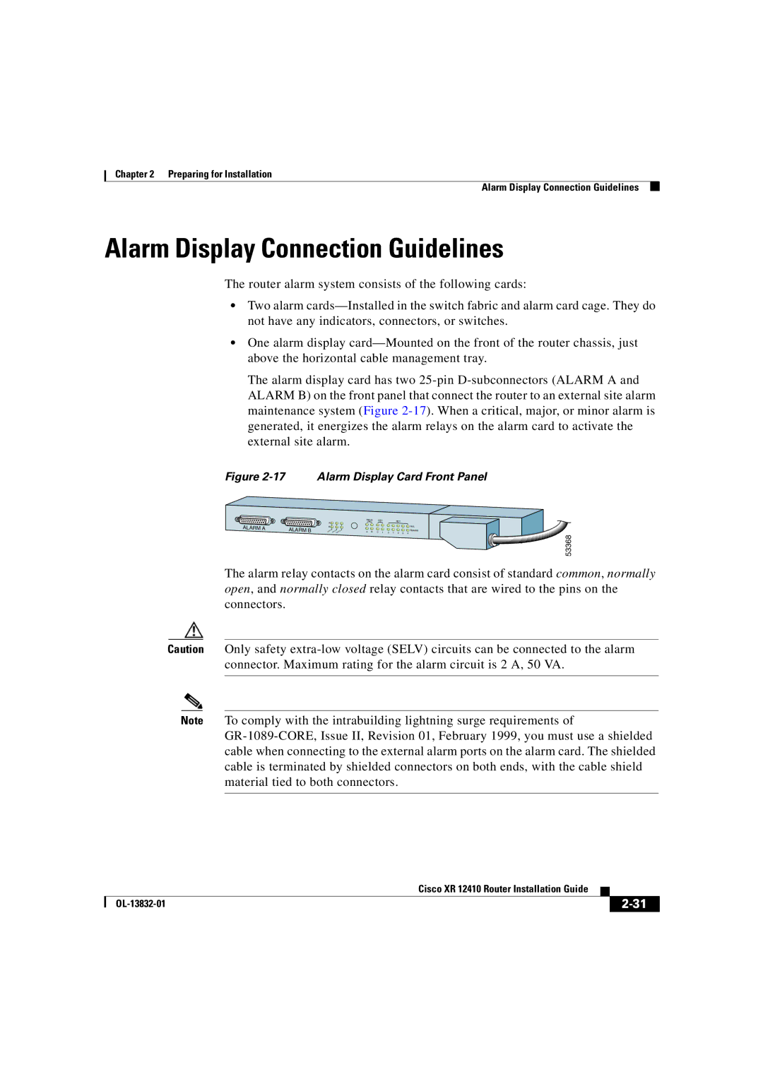 Cisco Systems XR 12410 manual Alarm Display Connection Guidelines, Alarm Display Card Front Panel 