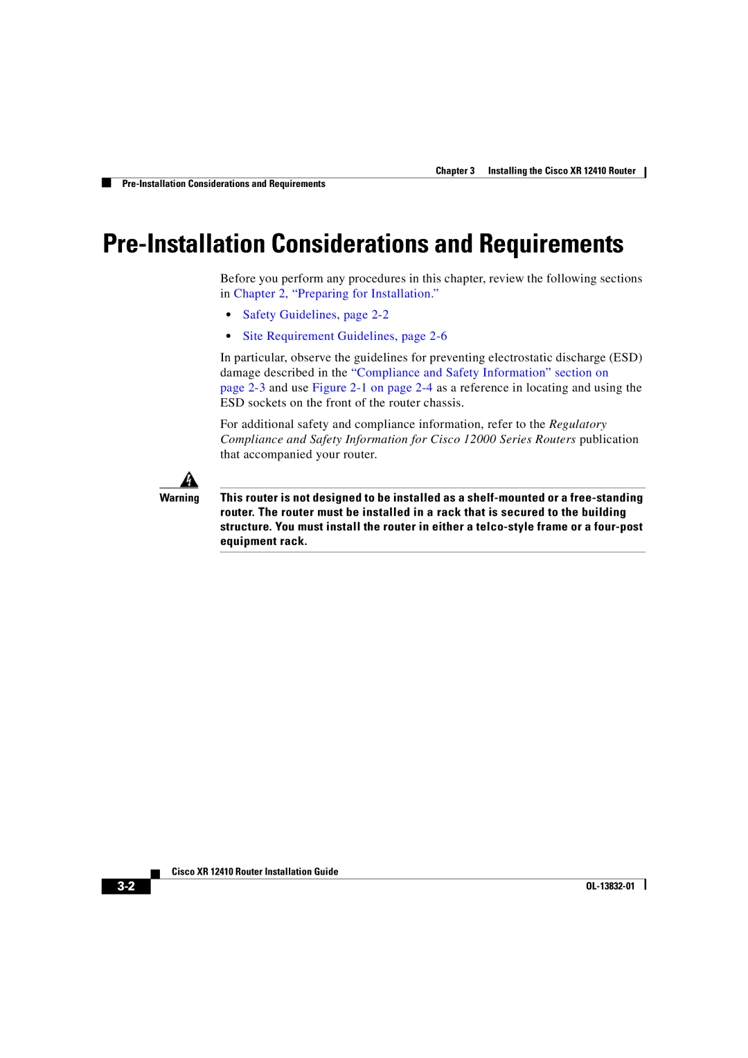 Cisco Systems XR 12410 manual Pre-Installation Considerations and Requirements 