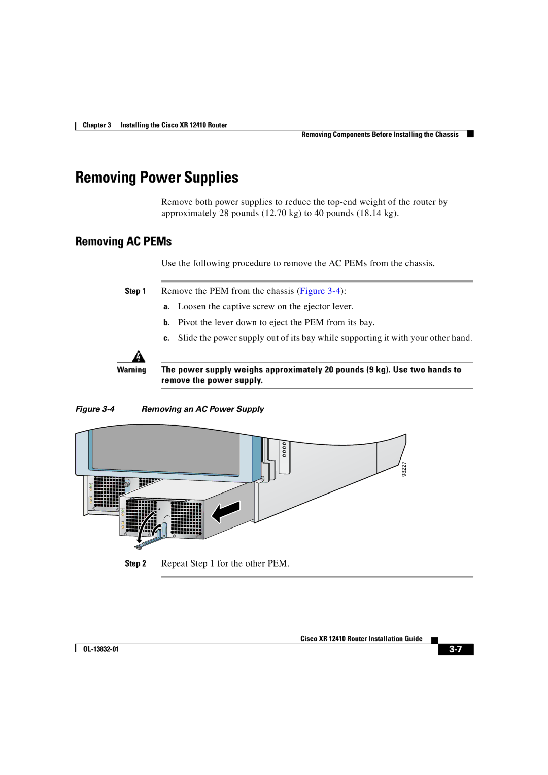 Cisco Systems XR 12410 manual Removing Power Supplies, Removing AC PEMs 