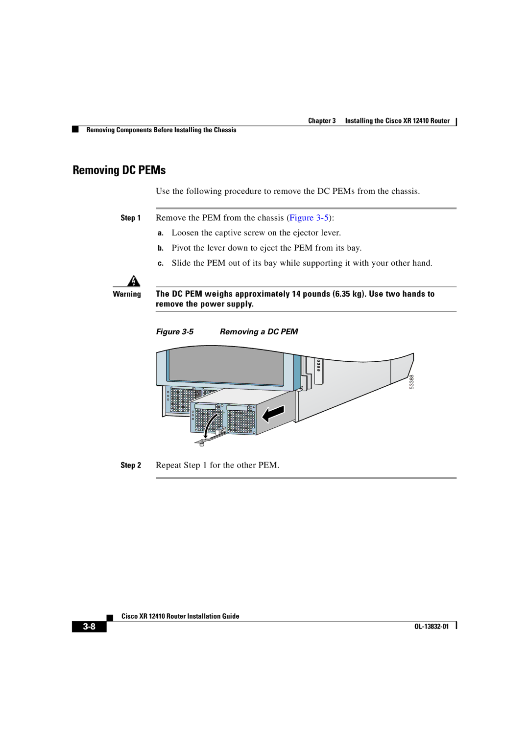 Cisco Systems XR 12410 manual Removing DC PEMs, Removing a DC PEM 