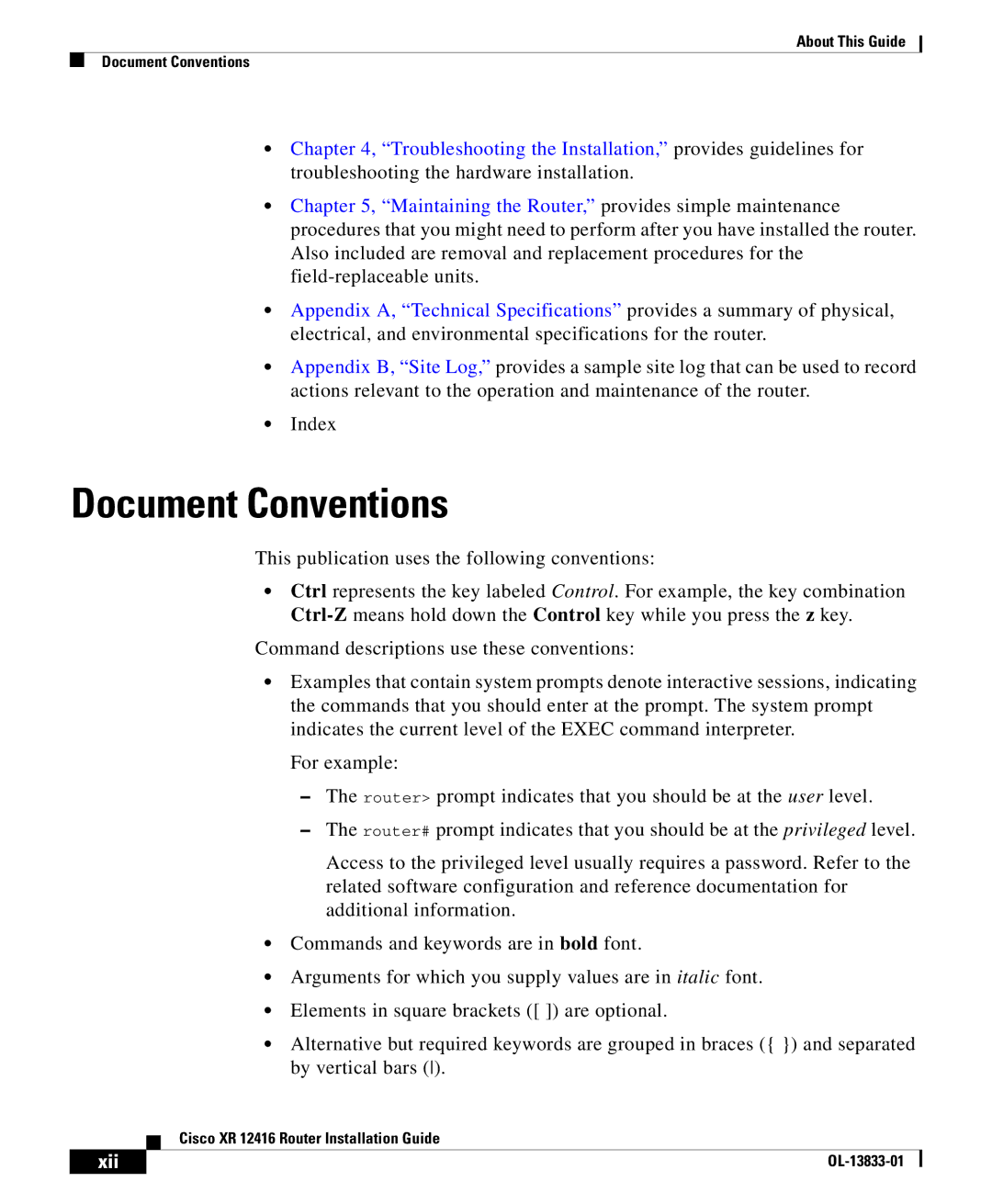 Cisco Systems XR 12416 appendix Document Conventions, Xii 