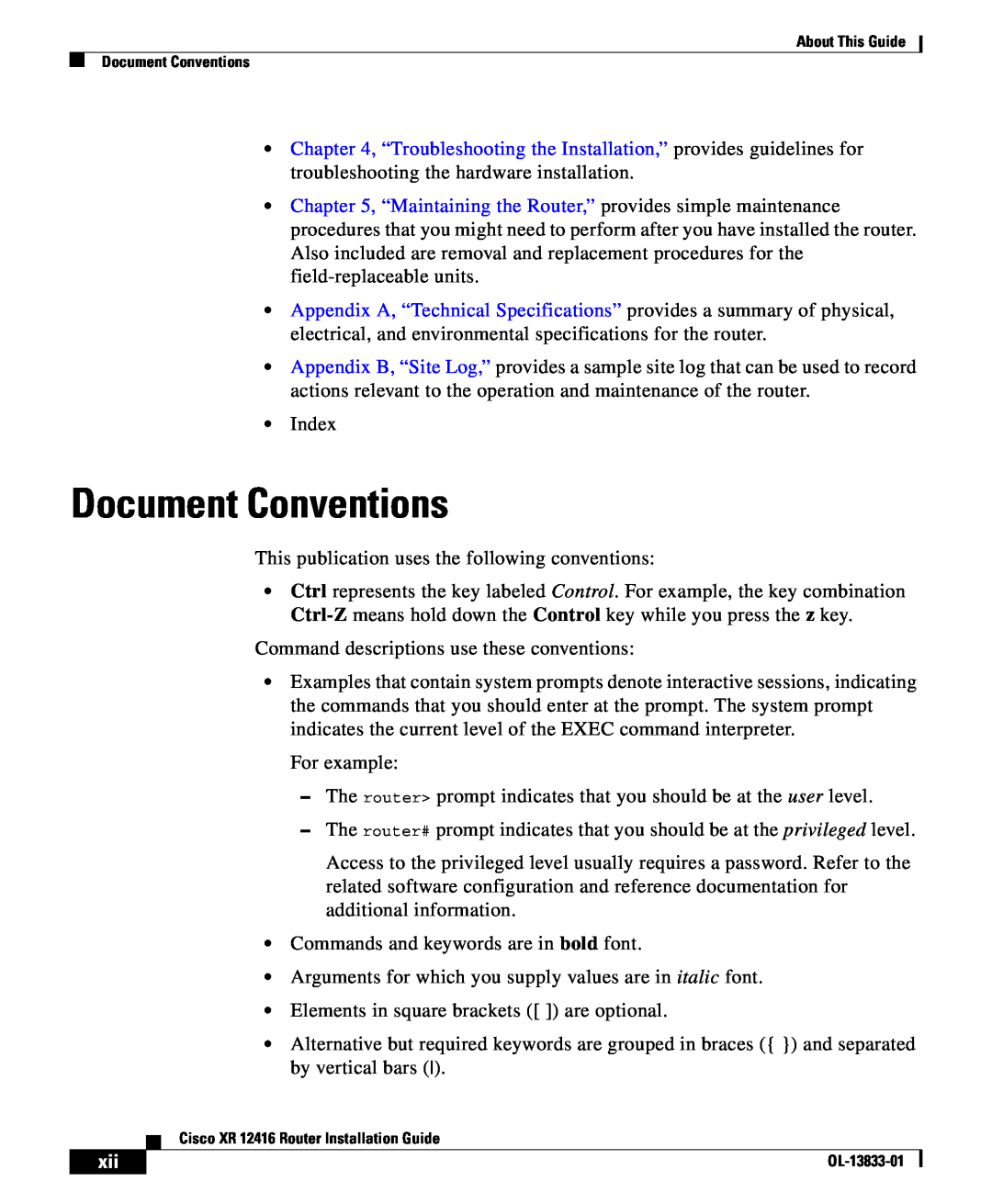 Cisco Systems XR 12416 appendix Document Conventions 