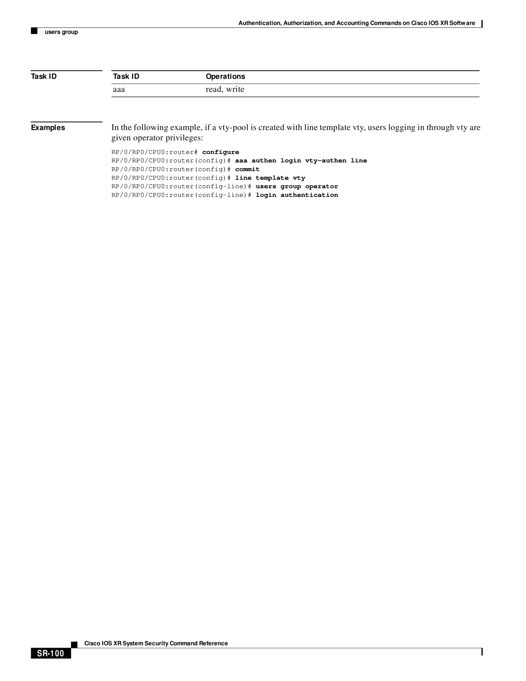 Cisco Systems XR manual Given operator privileges, SR-100 