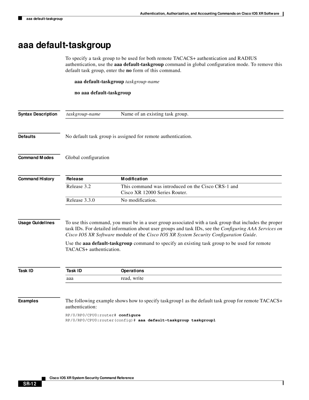 Cisco Systems XR manual Aaa default-taskgroup, SR-12 