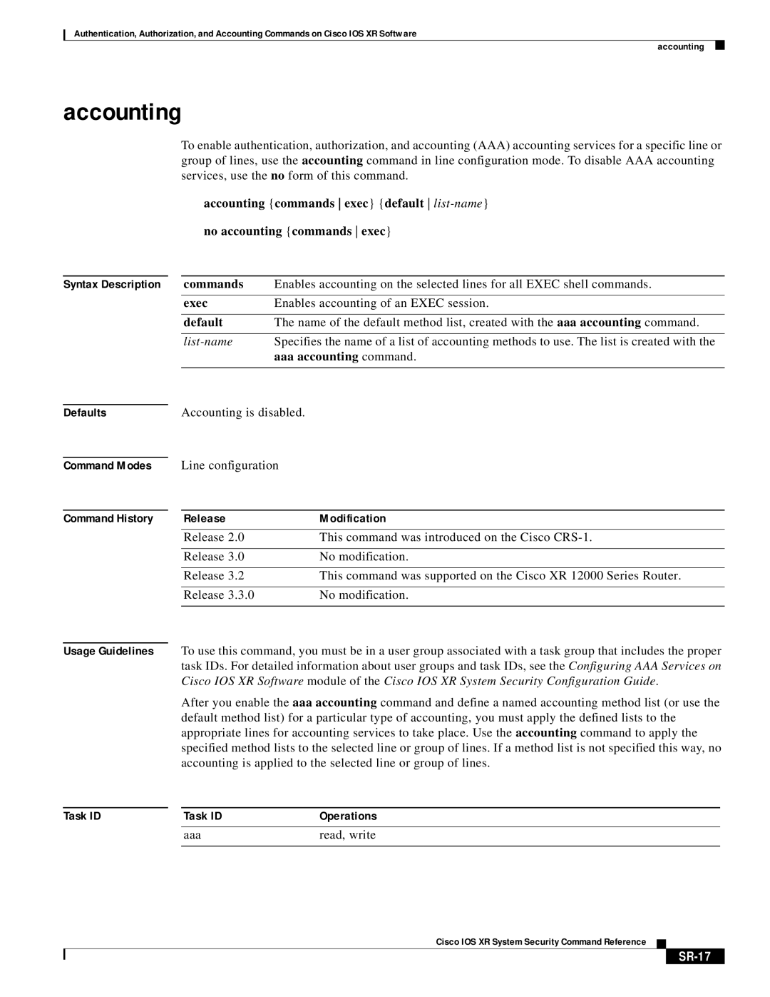 Cisco Systems XR manual Accounting, Aaa accounting command, SR-17 