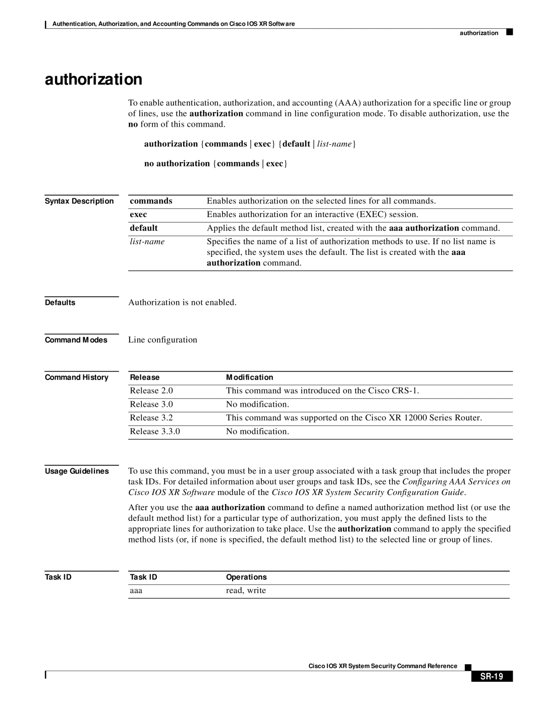 Cisco Systems XR manual Authorization command, SR-19 