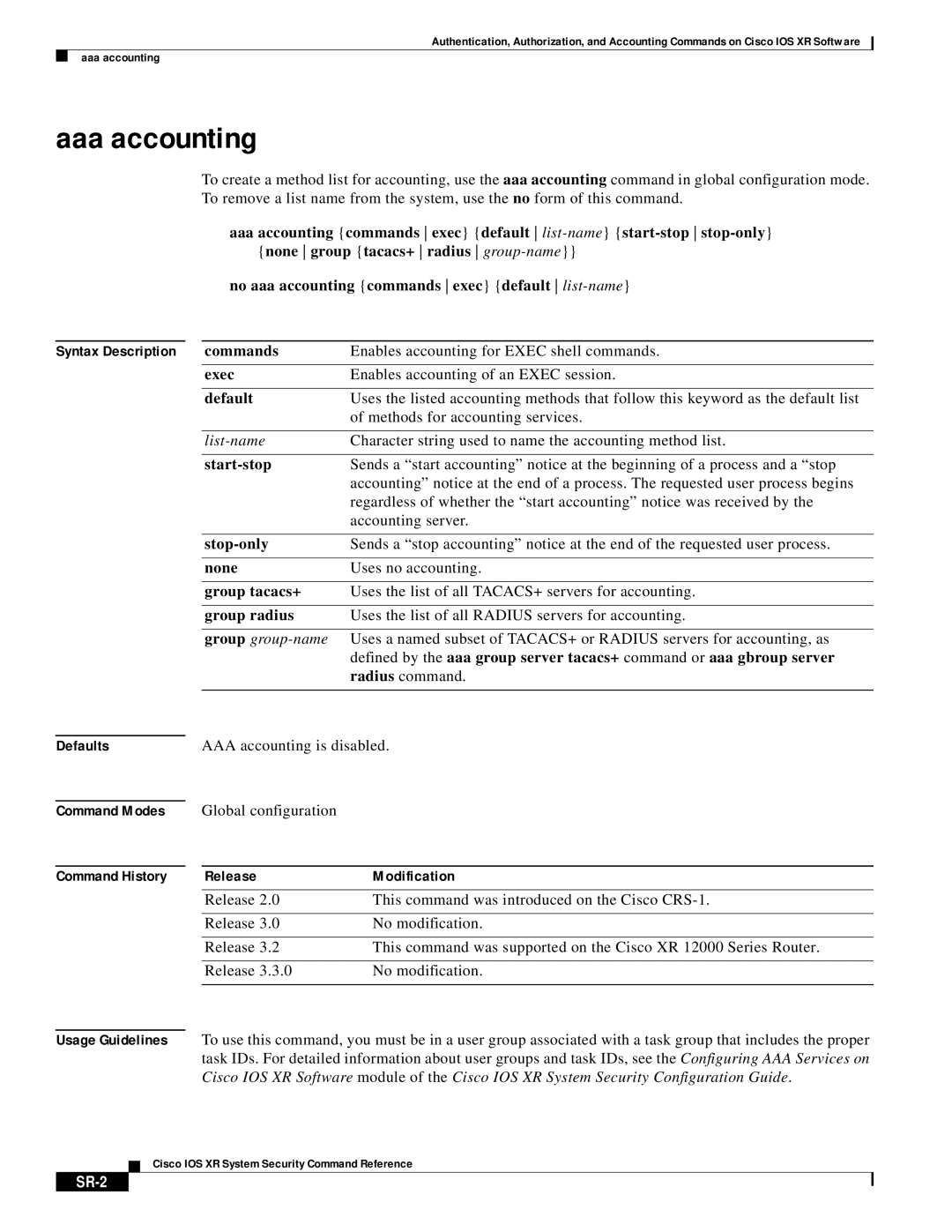 Cisco Systems XR manual Aaa accounting, SR-2 