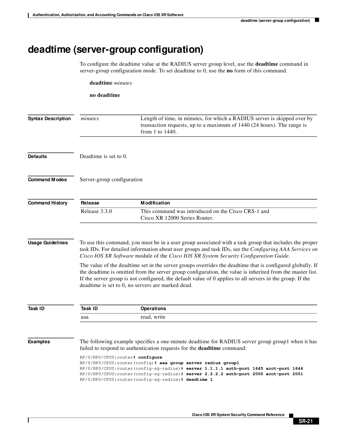 Cisco Systems XR manual Deadtime server-group configuration, Deadtime minutes no deadtime, SR-21 