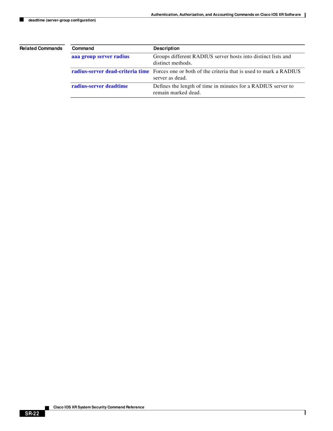 Cisco Systems XR manual Related Commands Description, SR-22 