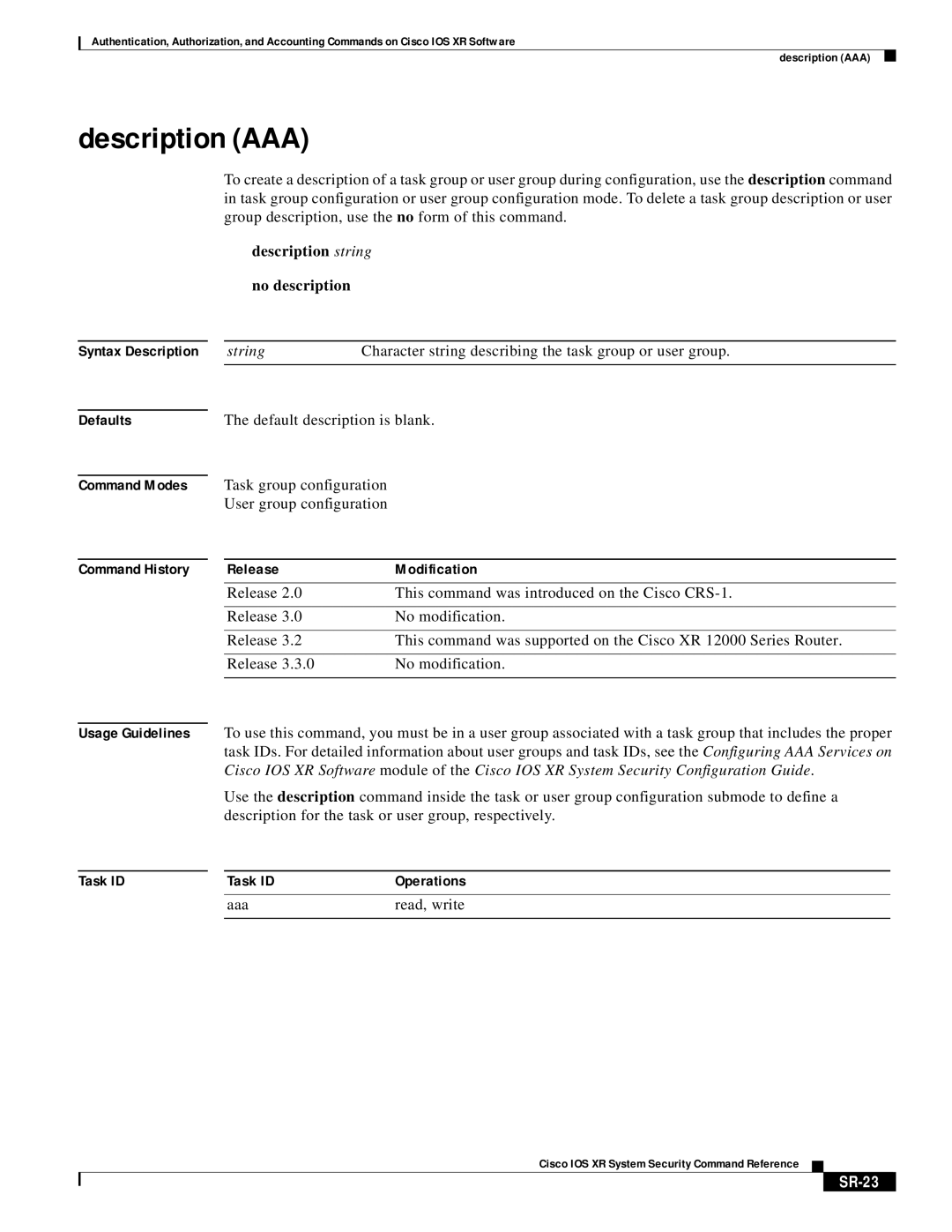 Cisco Systems XR manual Description AAA, Description string No description, SR-23 