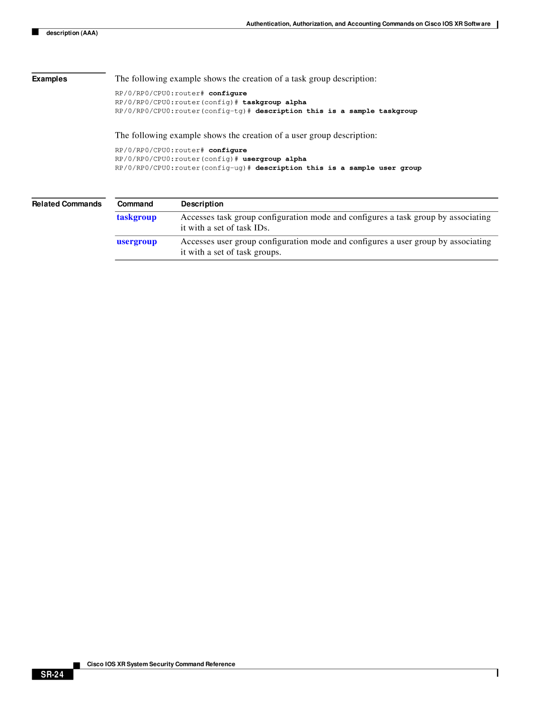 Cisco Systems XR manual Taskgroup, SR-24 