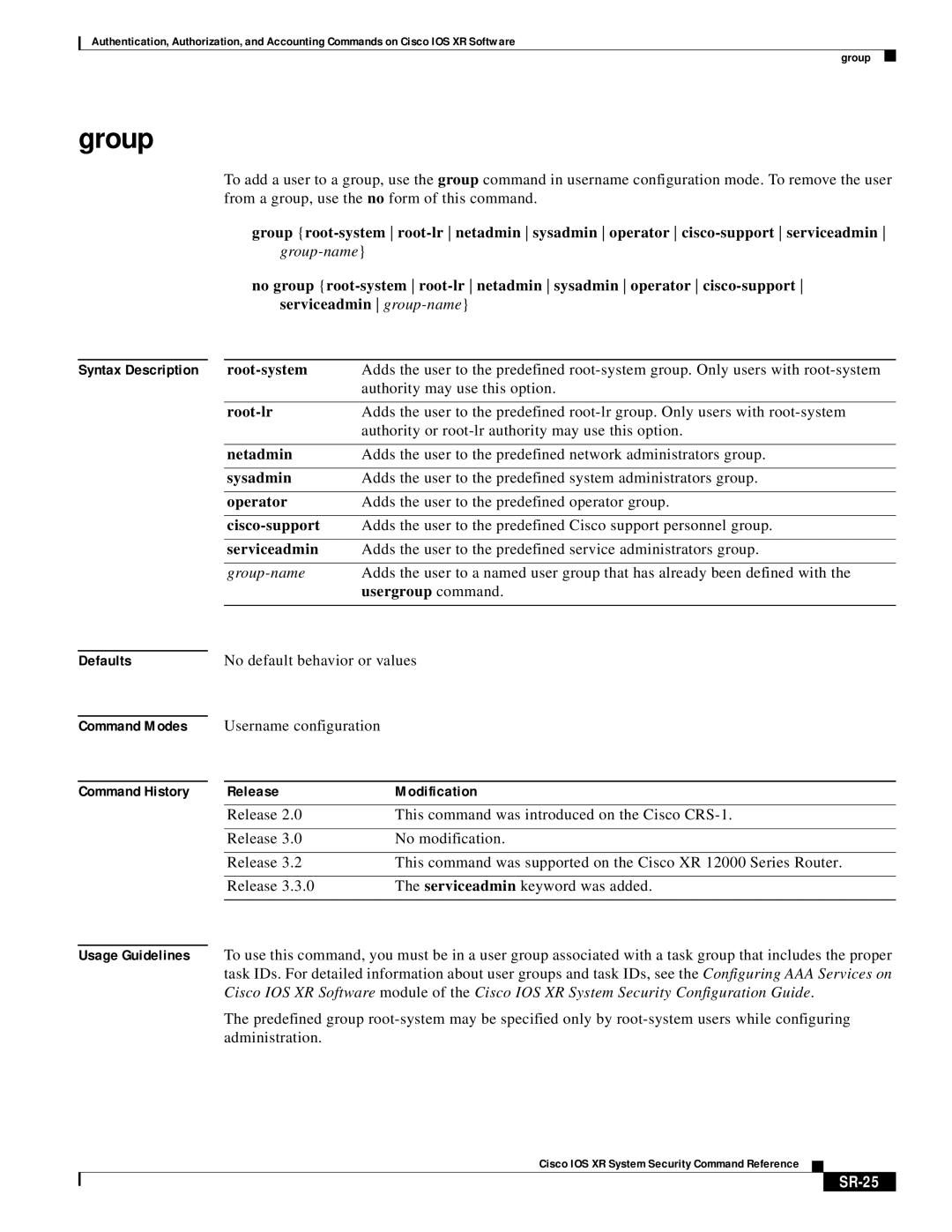 Cisco Systems XR manual Group, SR-25 